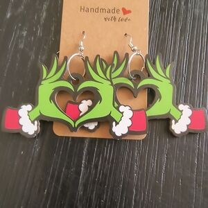 Hand Crafted Green and Red Heart Earrings